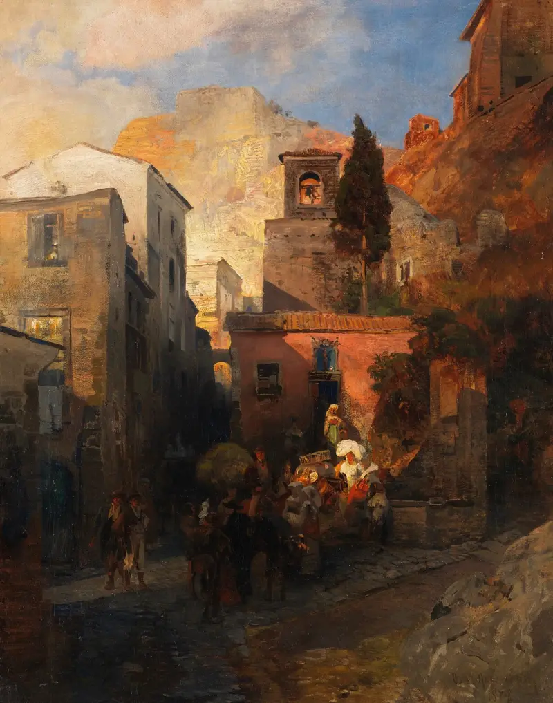Straßenszene in einem italienischen Bergdorf av Oswald Achenbach
