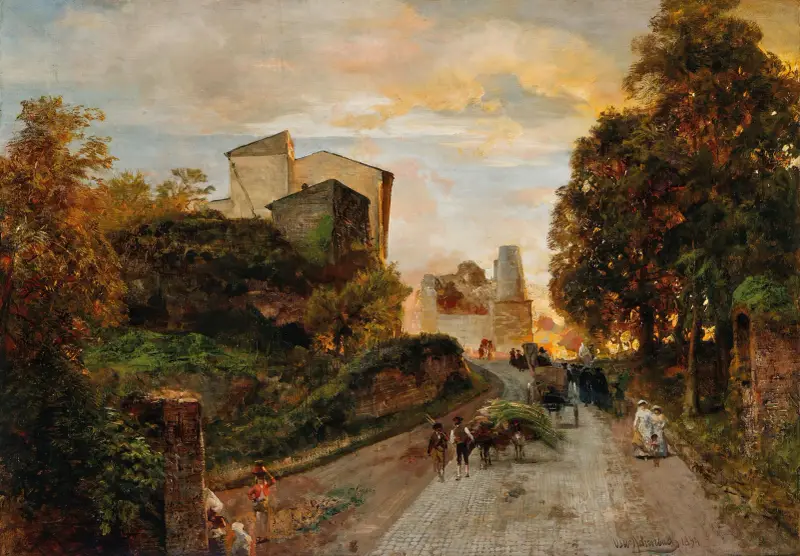 Village street at sunset av Oswald Achenbach