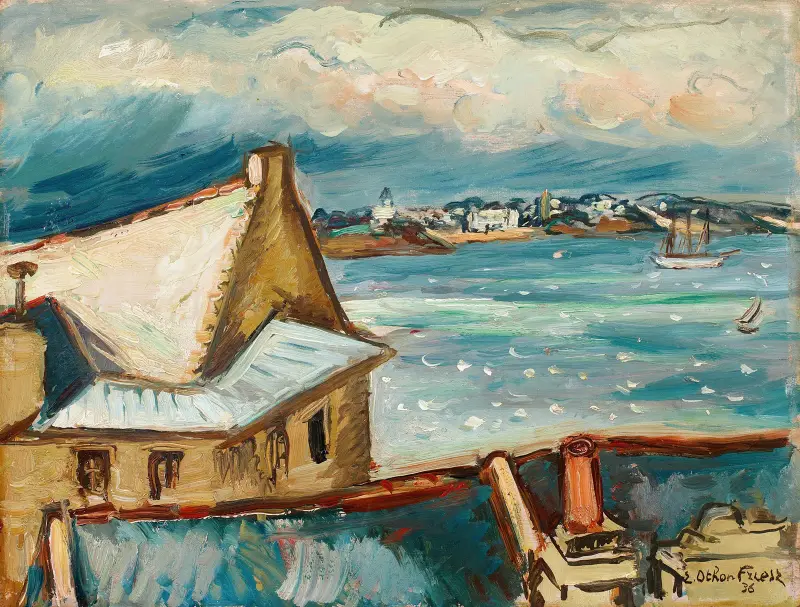 Flussufer mit Häusern und Segelschiff av Emile Othon Friesz