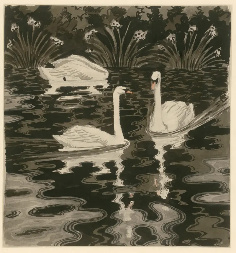 Drei Schwäne auf dunklem Gewässer, 1895 – Nr. 2 von Otto Eckmann