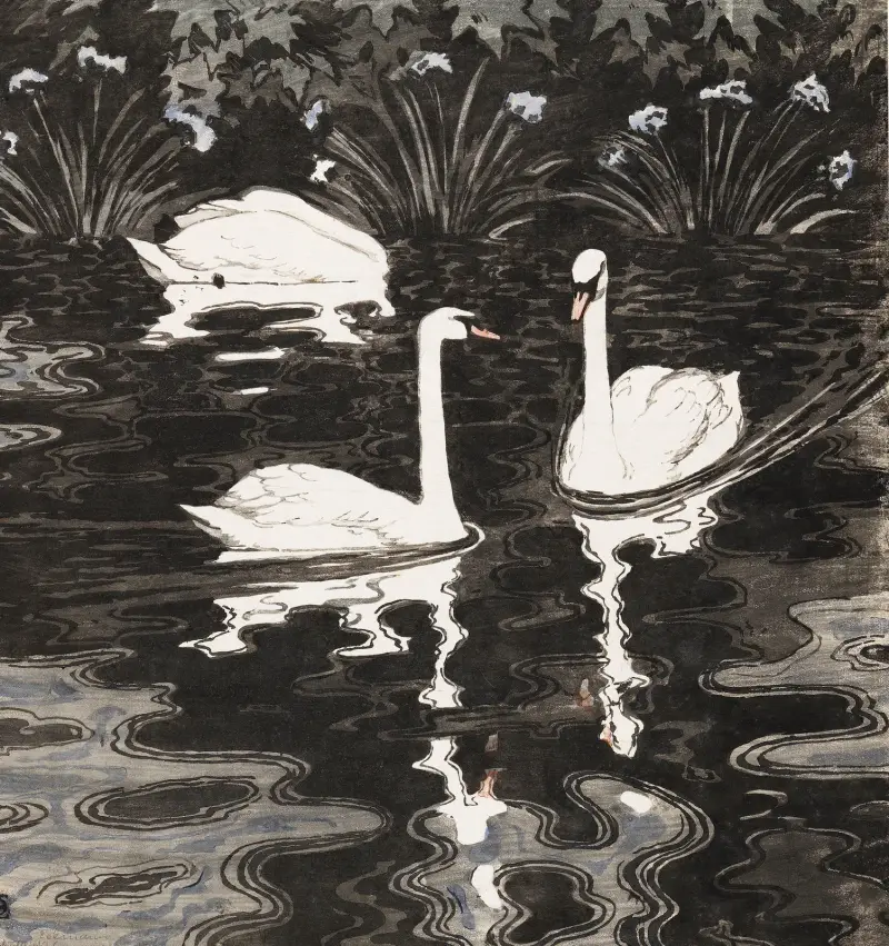 Drei Schwäne auf dunklem Gewässer, 1895 – Nr. 1 von Otto Eckmann