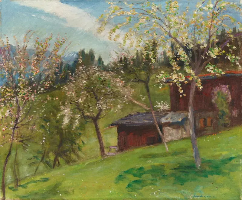 Blühende Bäume hinter Frau Windisch mit unserem Haus von Otto Modersohn