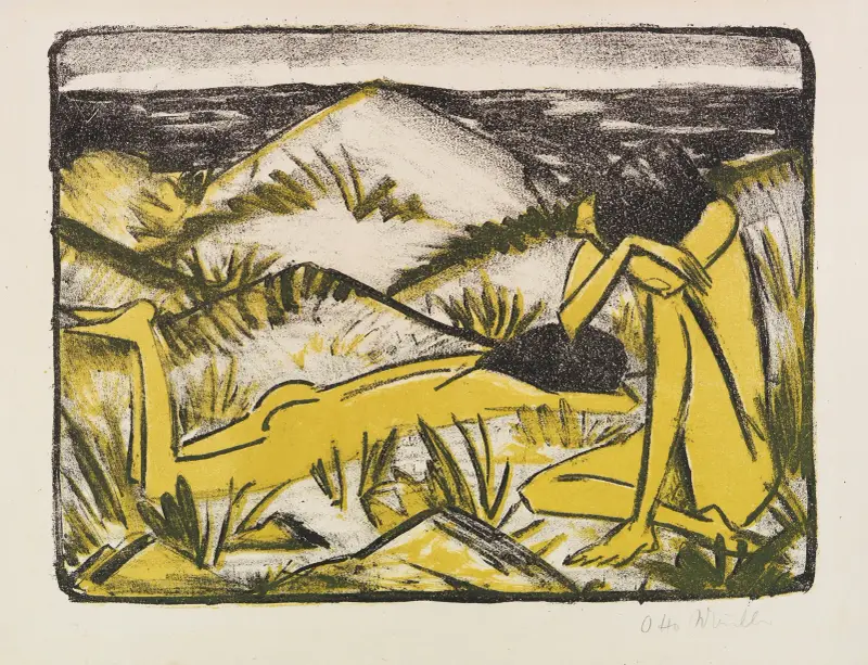 Ein in Dünen sitzendes und ein liegendes Mädchen (Zwei Mädchen in den Dünen, Sylt) av Otto Mueller