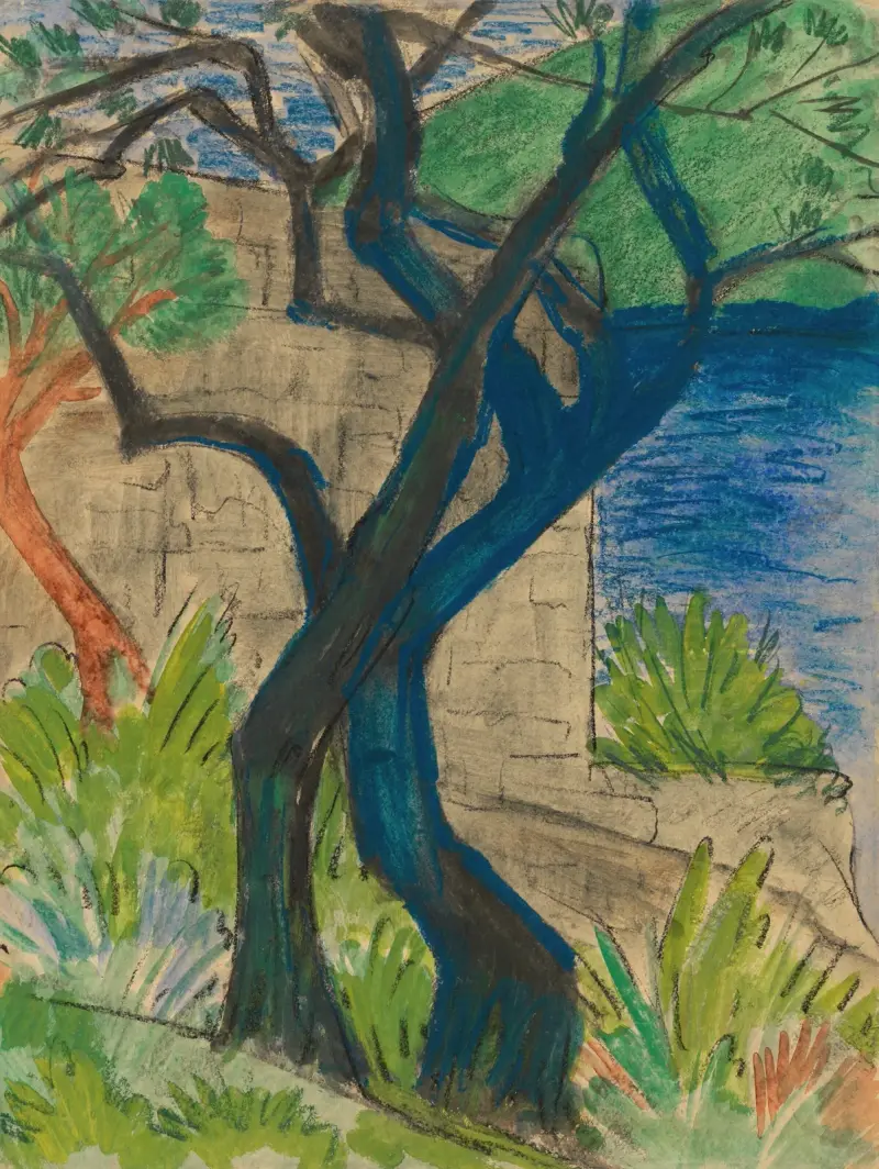 Flussufer mit blauem Baum von Otto Mueller