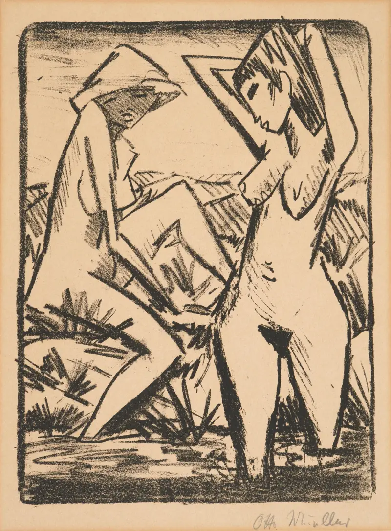 Im Wasser stehendes und am Ufer sitzendes Mädchen mit Hut (Mädchen im Bade) von Otto Mueller
