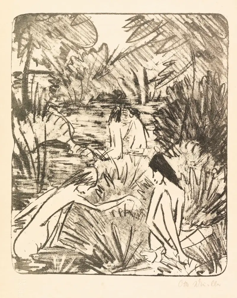 Waldsee mit drei badenden und einem sitzenden Mädchen 2, 1918 – Nr. 2 von Otto Mueller