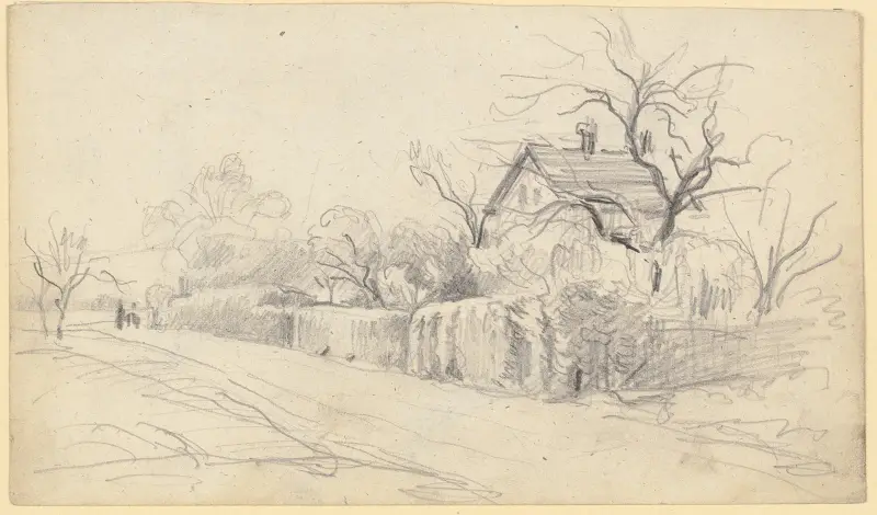 Anwesen hinter hoher Hecke und kahlem Baume von Otto Scholderer