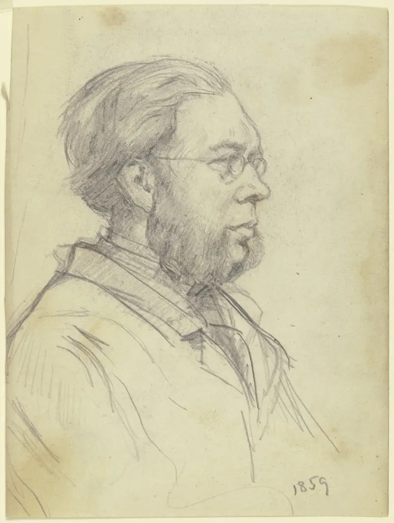 Brustbild eines Mannes nach links mit Gabelbart und Brille av Otto Scholderer