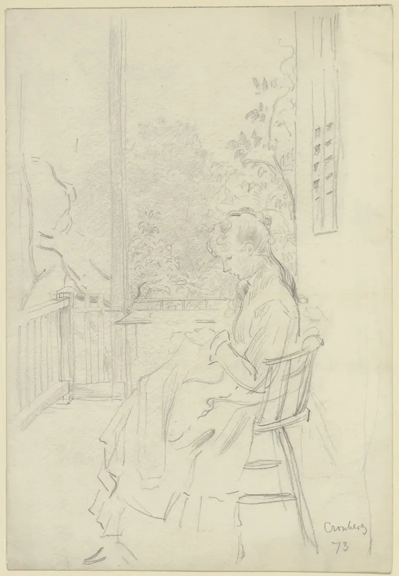 Dame auf einer Veranda, bei der Handarbeit av Otto Scholderer