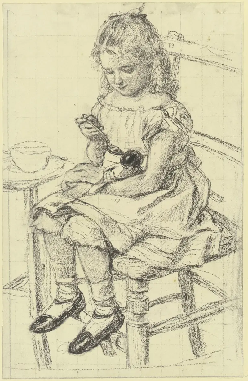 Ein Mädchen beim Füttern ihrer Puppe av Otto Scholderer