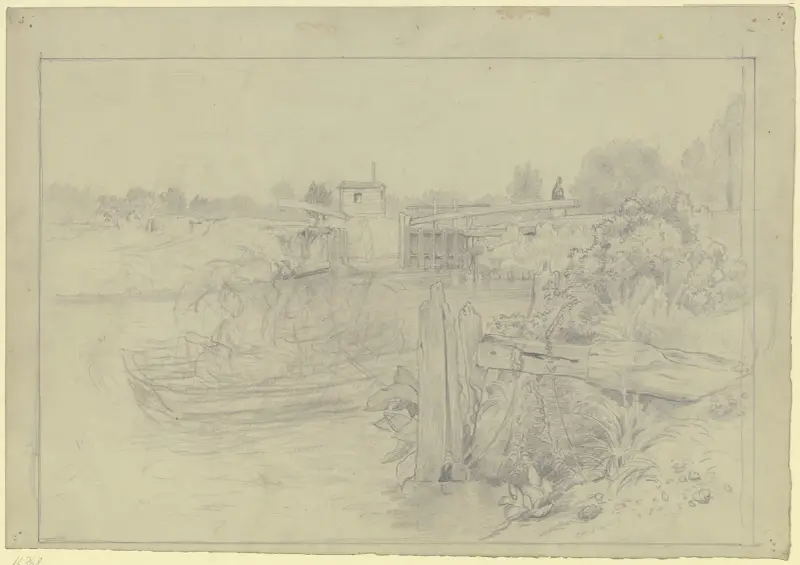 Flusslandschaft mit Ruderbootpartie und Schleuse av Otto Scholderer
