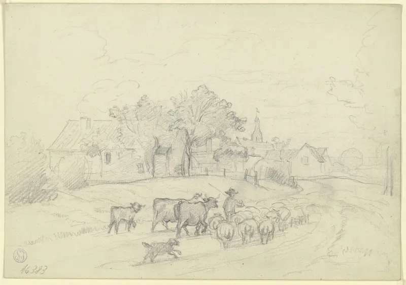 Hirte mit Herde am Dorfeingang von Otto Scholderer