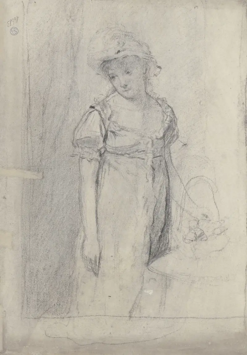 Junge Dame mit Hut und Blumenkorb, an einem Tisch stehend von Otto Scholderer
