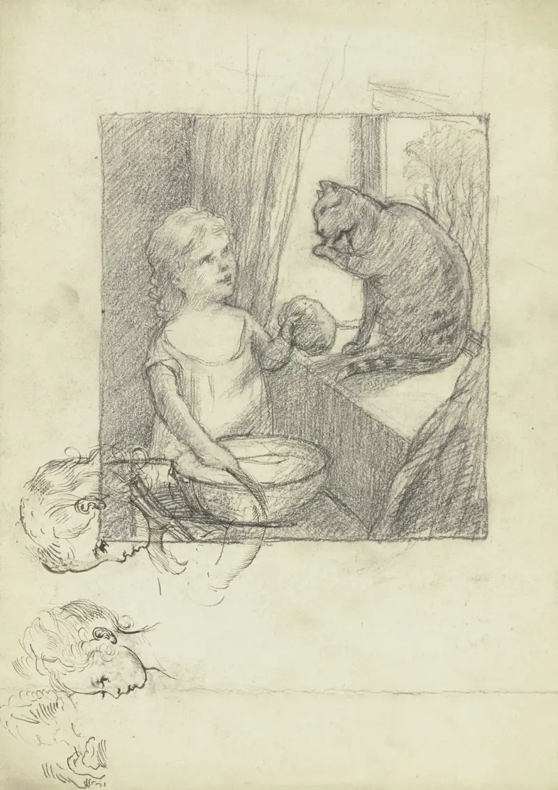 Kattvask, med studier av ett barnhuvud i profil mot vänster av Otto Scholderer