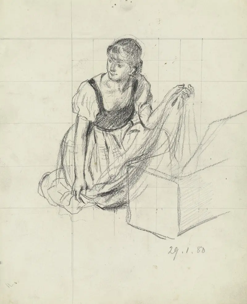 Kniende vor einer Kiste aus der 'Vorbereitung zum Kostümball', 1880 – Nr. 2 von Otto Scholderer