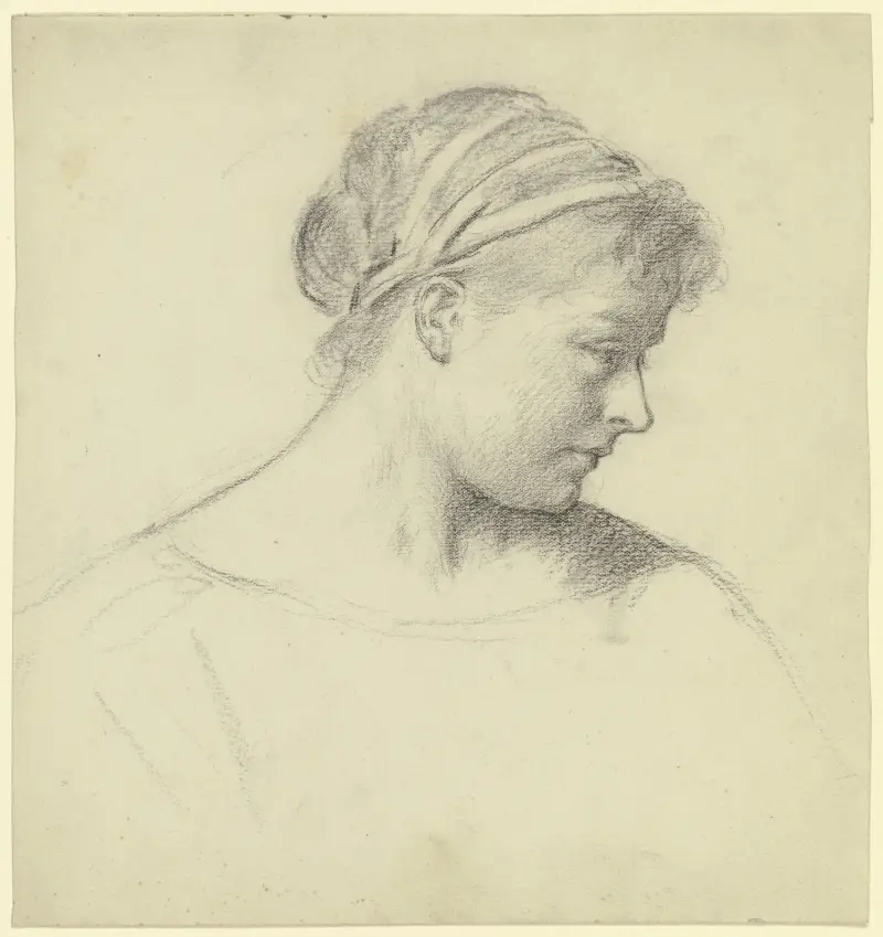 Kopf der Sitzenden aus der 'Vorbereitung zum Kostümball', 1879 – Nr. 1 von Otto Scholderer