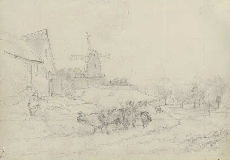 Landschaft mit Viehtrieb und Windmühle von Otto Scholderer