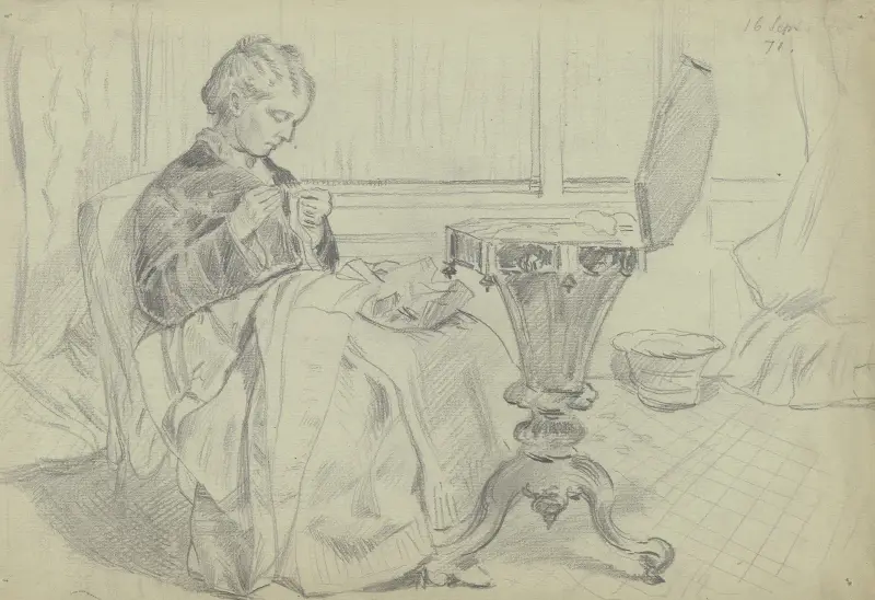 Luise Scholderer am Nähtisch, mit einer Handarbeit, 1871 – Nr. 1 von Otto Scholderer