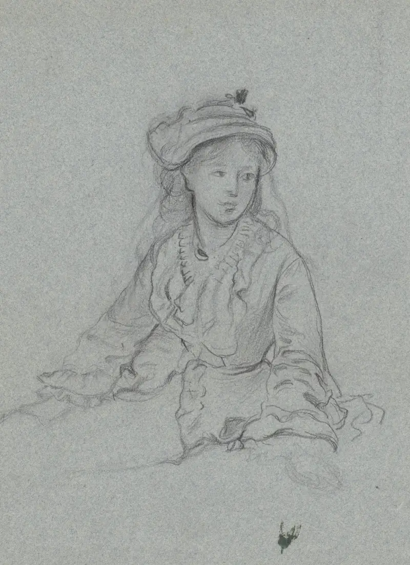 Luise Scholderer in Rüschenjacke und mit Hut, Halbfigur, sitzend von Otto Scholderer