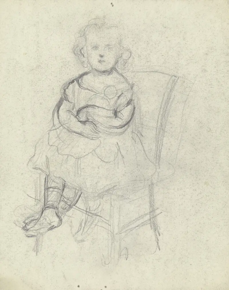 Mädchen mit Puppe auf einem Stuhl sitzend von Otto Scholderer