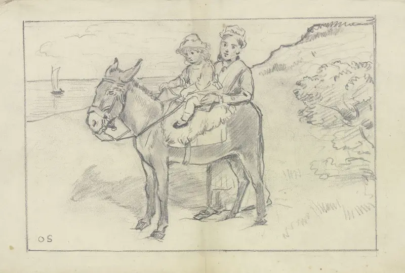 Mutter mit Kind auf Esel am Strand von Otto Scholderer
