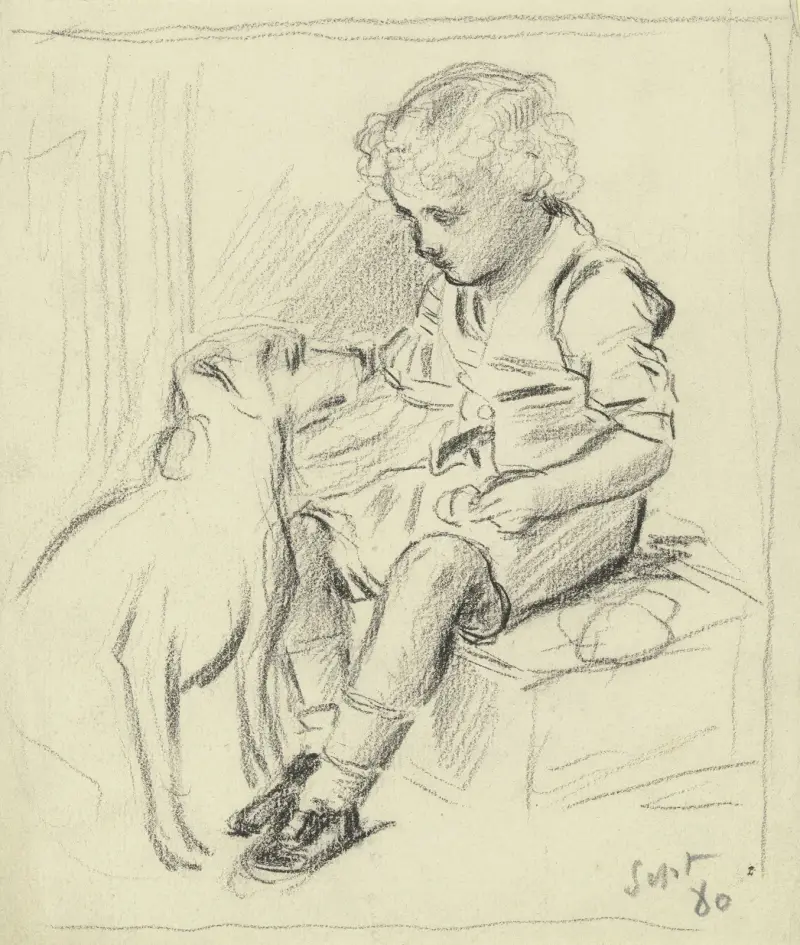 Siedzący chłopiec z siedzącym psem, 1880 – nr 2, Otto Scholderer