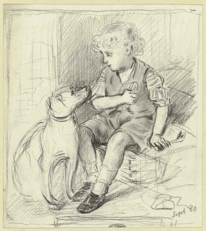 Sitzender Knabe mit sitzendem Hund, 1880 – Nr. 1 von Otto Scholderer