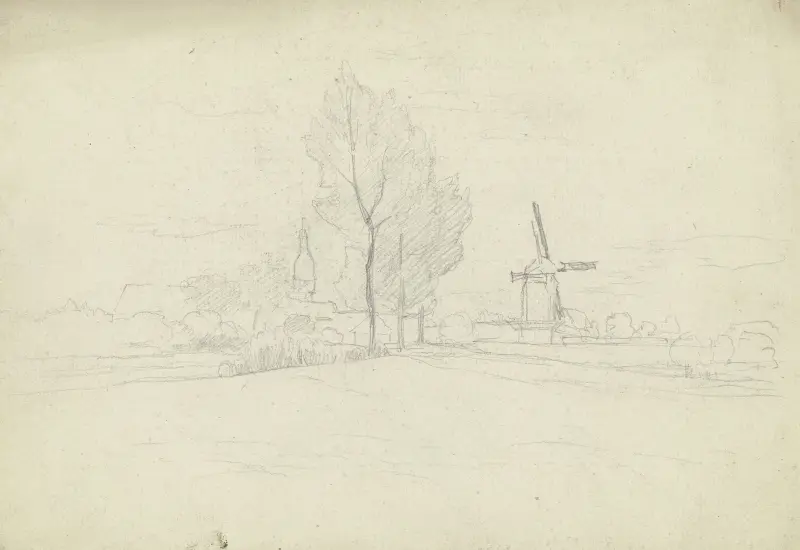 Stadt mit Windmühle und Baumreihe – Nr. 2 von Otto Scholderer