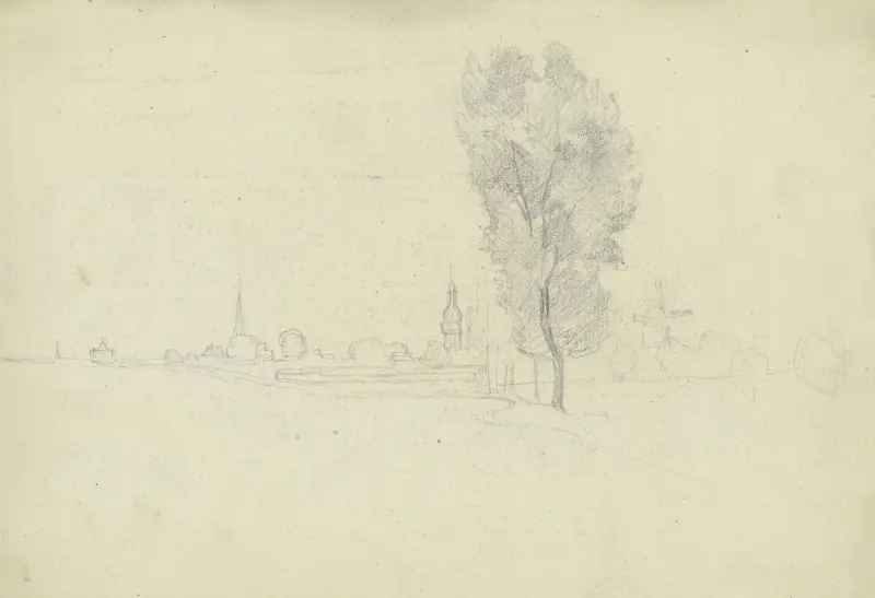 Stadt mit Windmühle und Baumreihe – Nr. 1 von Otto Scholderer