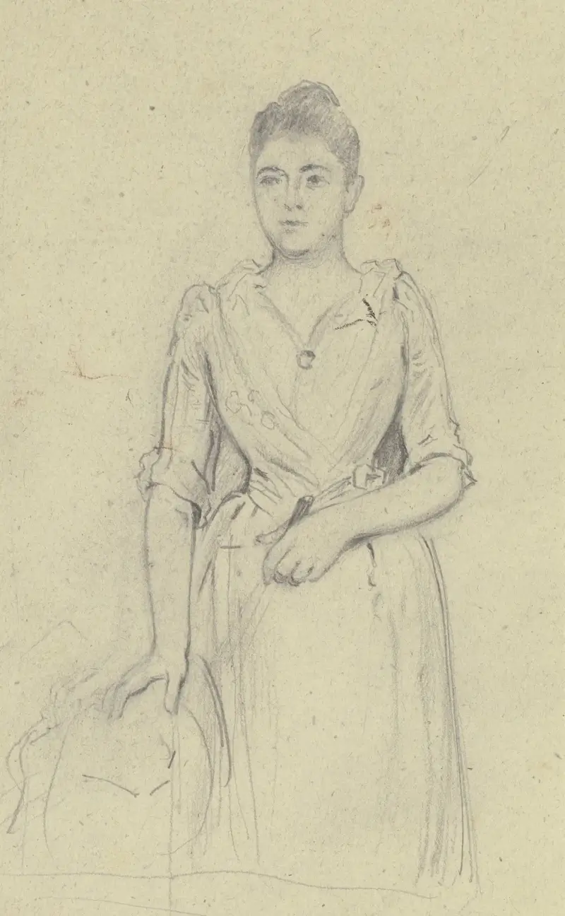 Stehende Dame mit Fächer, Kniestück von Otto Scholderer