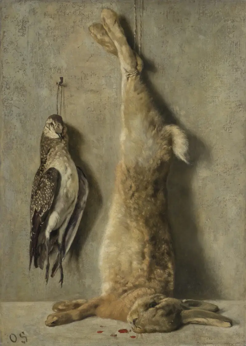 Martwa natura z martwym zającem i perlicą na tle szarej ściany, Otto Scholderer