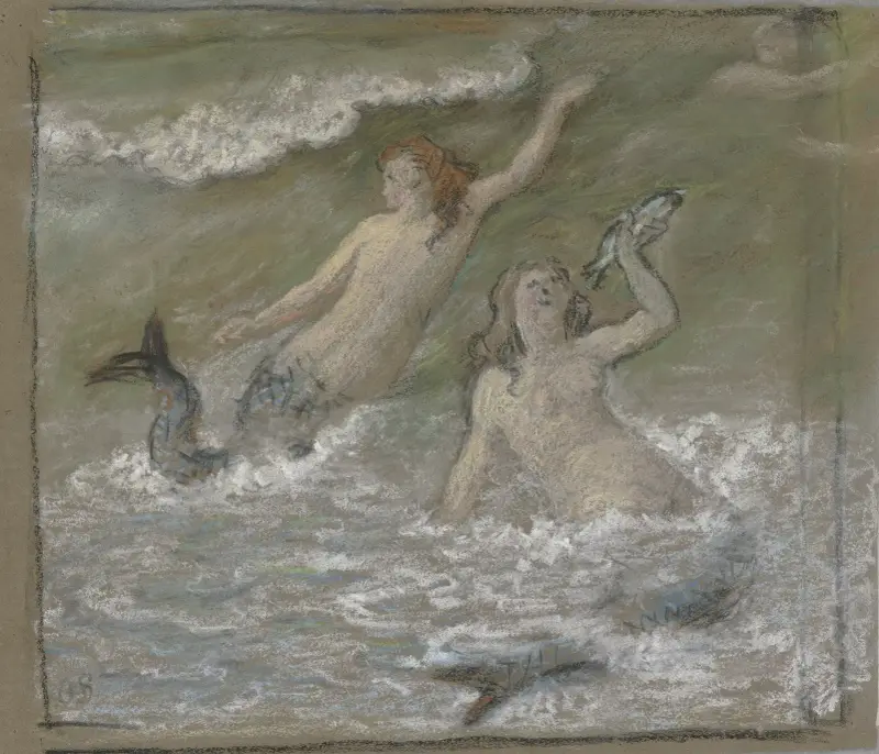 Drei Meerjungfrauen im Wasser von Otto Scholderer