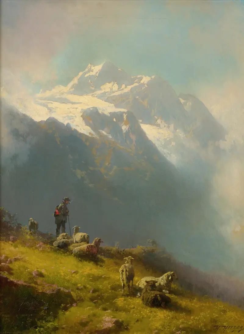 A Shepherd With His Flock av Hermann Ottomar Herzog
