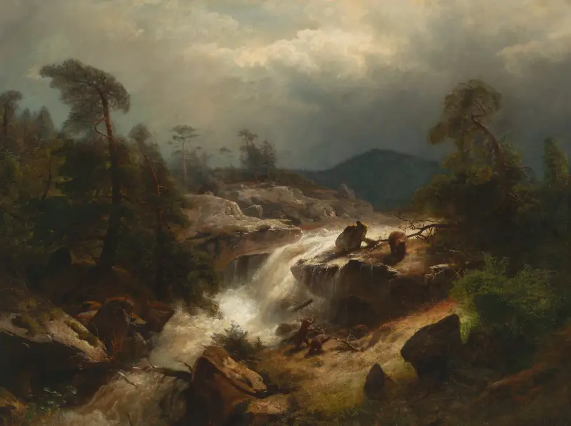 Two Cubs and Their Mother by a Waterfall av Hermann Ottomar Herzog