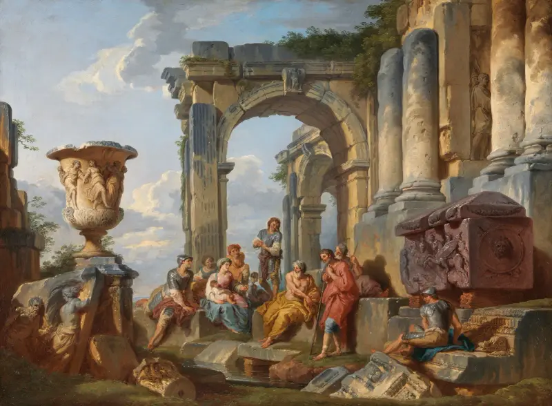 Ett capriccio med Sankt Petrus som predikar för romarna av Giovanni Paolo Panini
