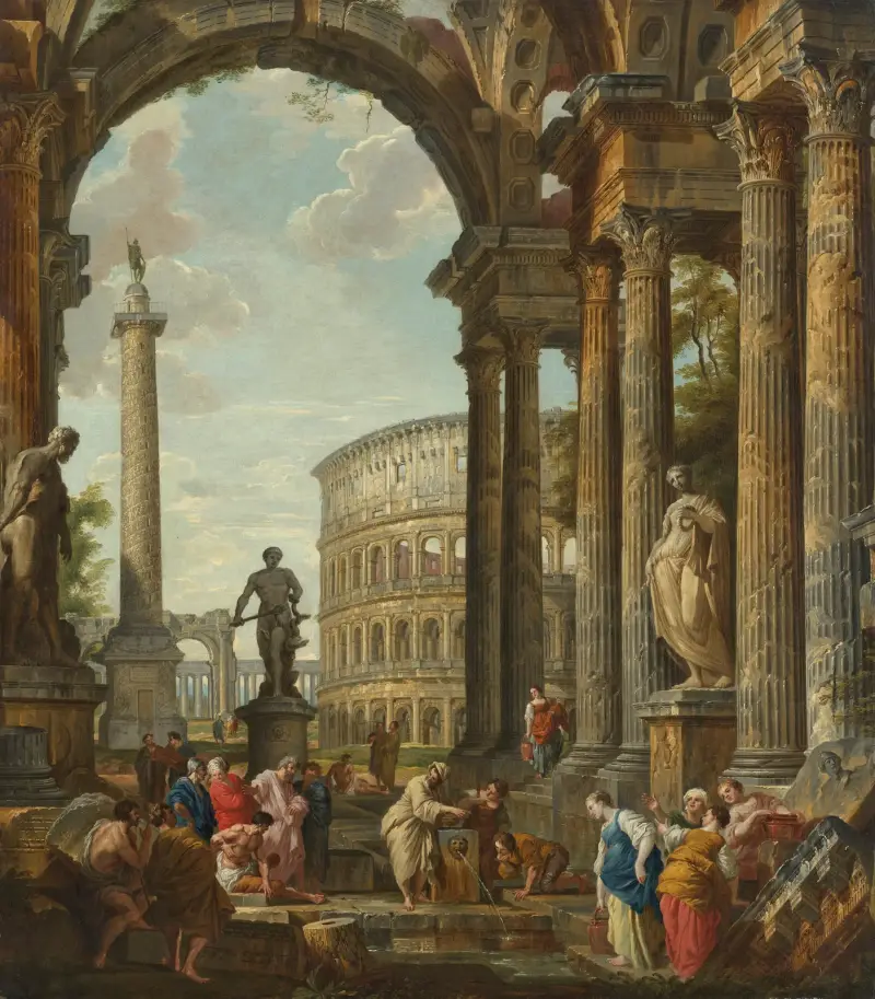 Ett klassiskt capriccio med Colosseum, Trajanus kolonn och Farneseherkules, med filosofen av Giovanni Paolo Panini