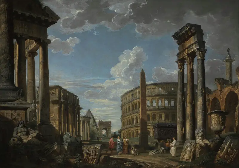 An architectural capriccio with figures among Roman ruins av Giovanni Paolo Panini