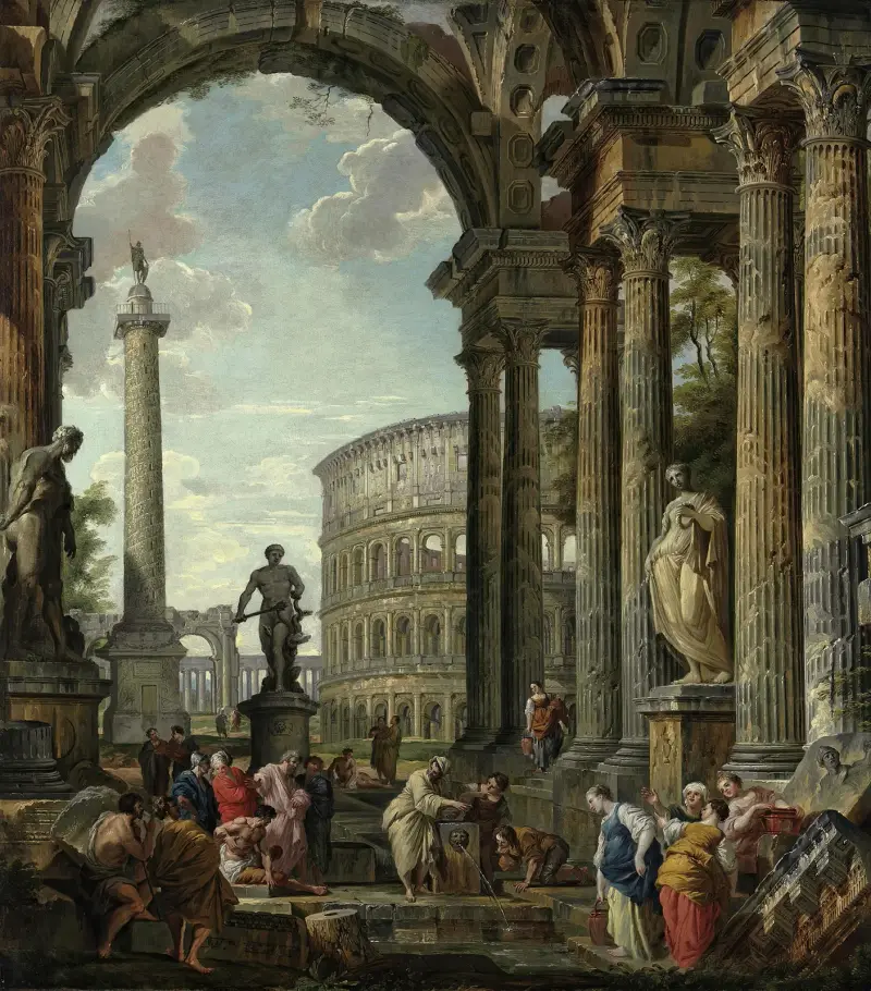 An architectural capriccio with the philosopher Diogenes and other figures av Giovanni Paolo Panini