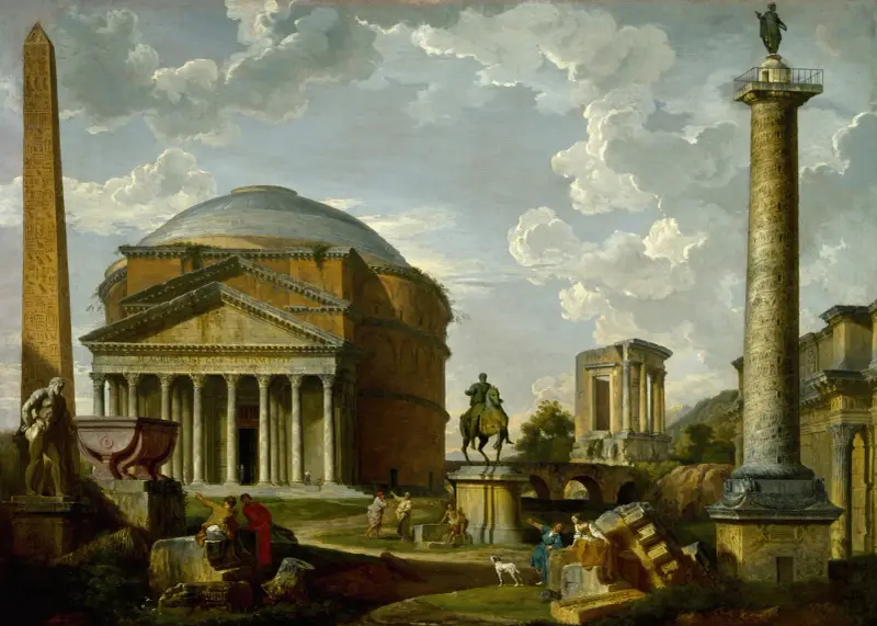Fantasivy med Pantheon och andra monument från det antika Rom av Giovanni Paolo Panini