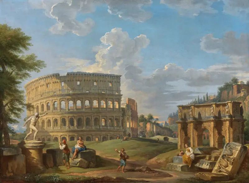 Landskap med Colosseum och Konstantinbågen, Rom av Giovanni Paolo Panini