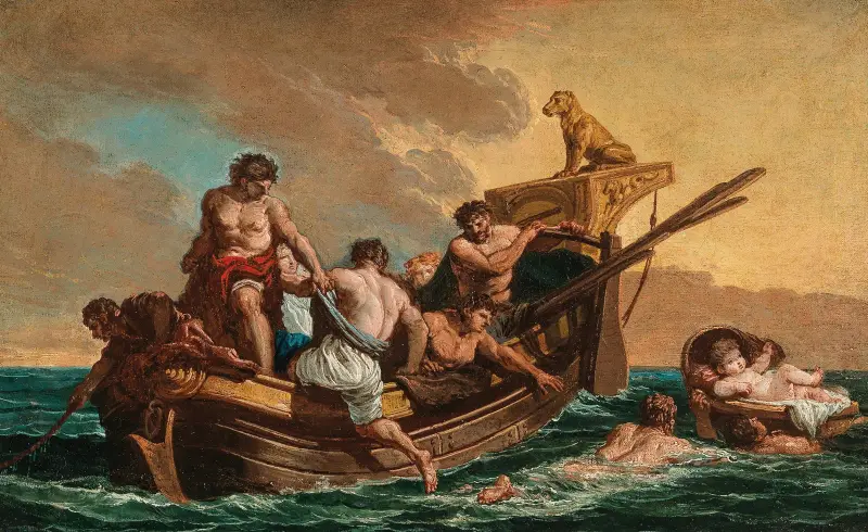 Mariners rescuing a young boy adrift at sea in a basket av Giovanni Paolo Panini