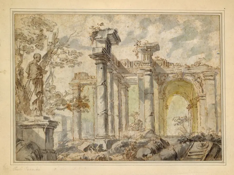 Ruins, with a Statue on the Left av Giovanni Paolo Panini