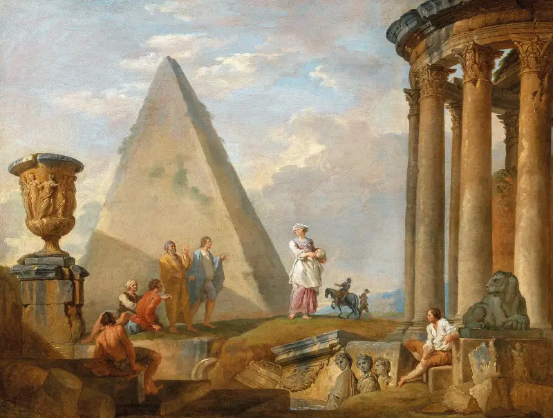 Ruins with a woman preaching av Giovanni Paolo Panini