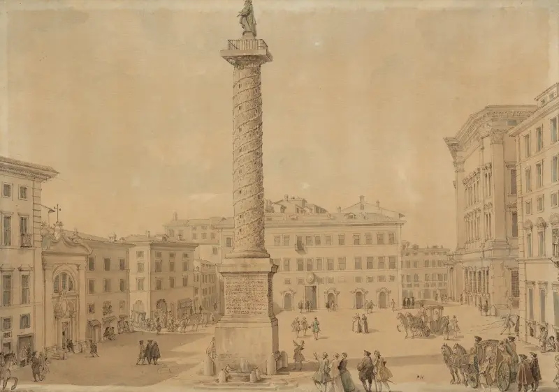 Vy över Piazza Colonna med Marcus Aurelius kolonn, Rom av Giovanni Paolo Panini
