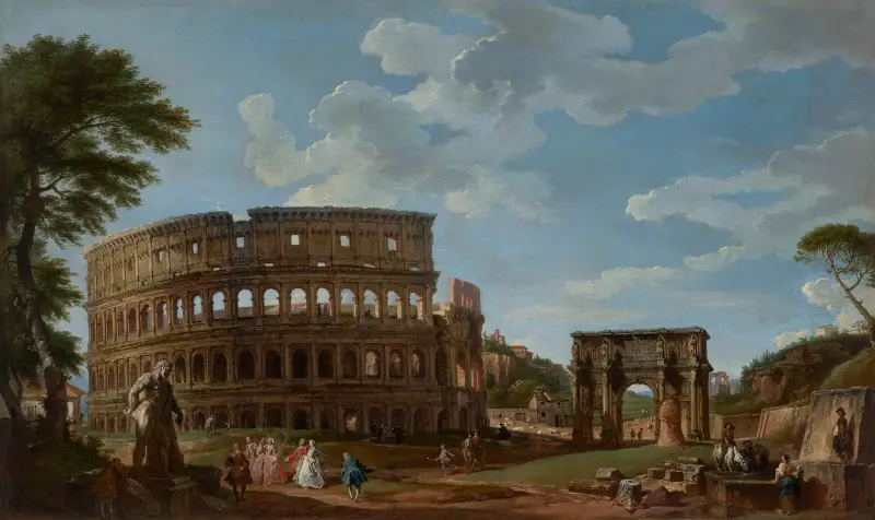 Utsikt över Colosseum och Konstantinbågen av Giovanni Paolo Panini