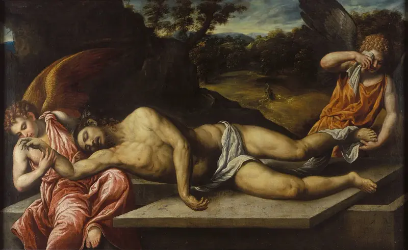 Dead Christ mourned by angels av Paris Bordone