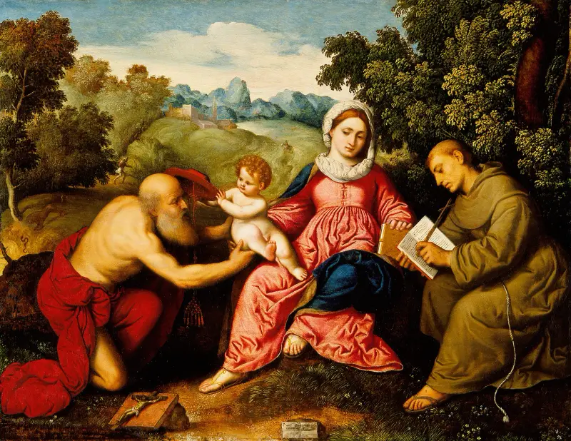 Madonna and Child with Saints Jerome and Francis av Paris Bordone