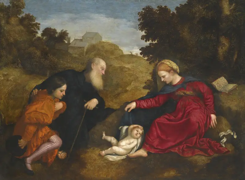 Madonnan och barnet med sankt Antonius abboten och en ung manlig donator av Paris Bordone