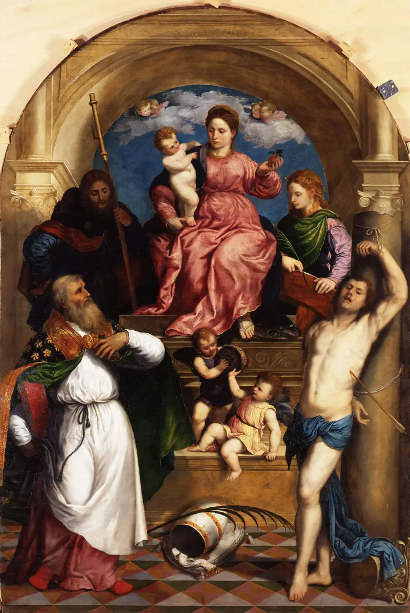 Madonna with Child Enthroned and Saints av Paris Bordone
