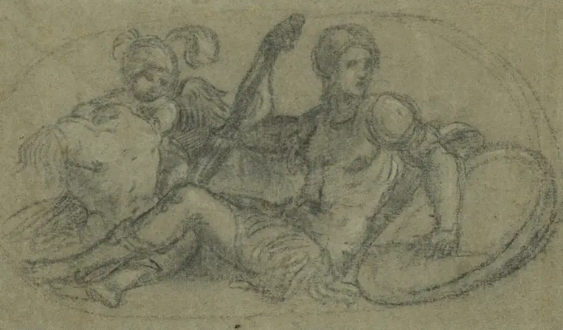 Seated Male Figure with Putto and Armor av Paris Bordone